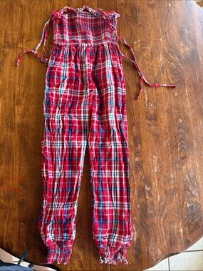 SweetHoney Red Plaid Smocked Kids Jumpsuit with Ties